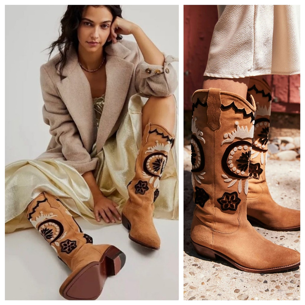 Free People Tan and Black Heeled Boots